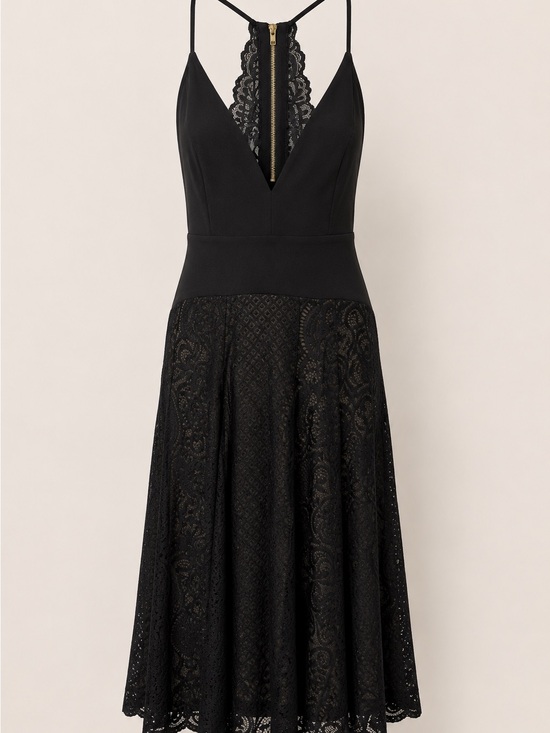 Windsor Dresses & Skirts - Windsor Black Lace Midi Dress with Deep V and Gold Zipper-Size S